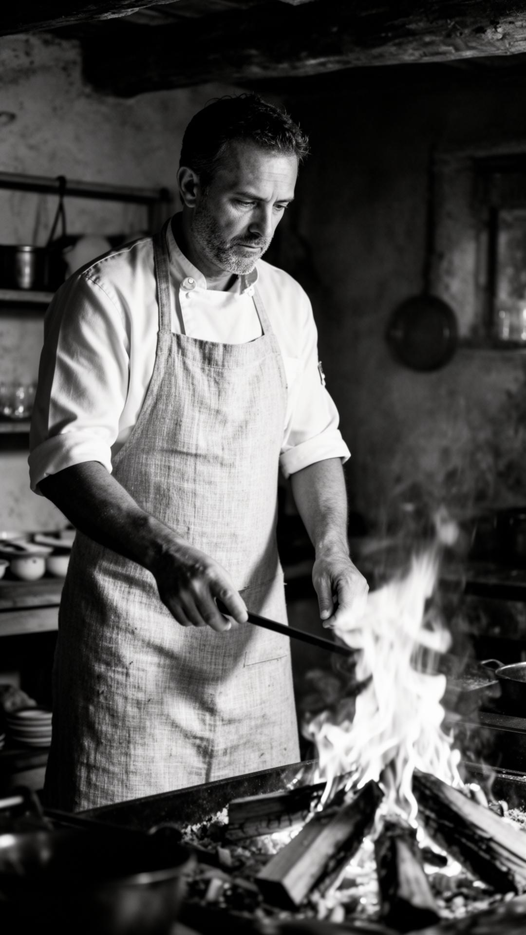 Chef Elias Thorne working over an open flame
