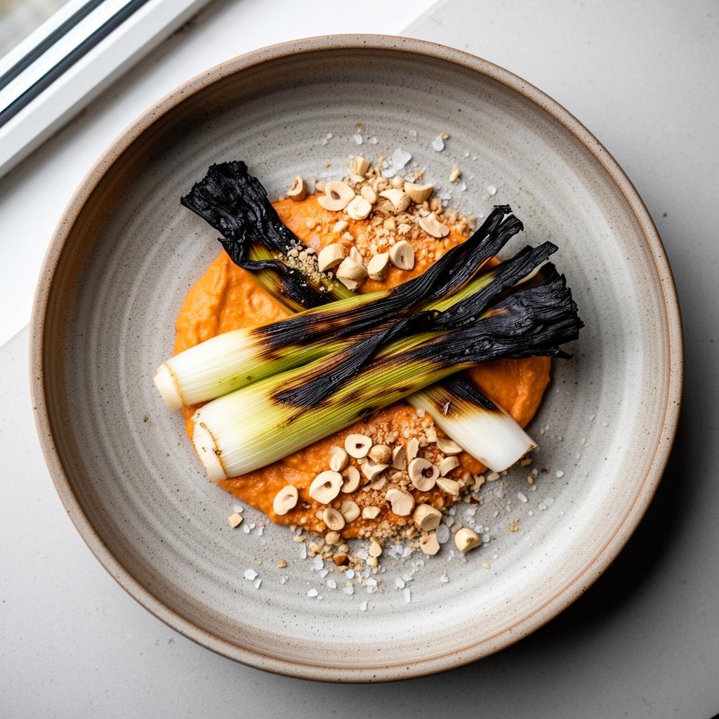 Charred leeks and romesco