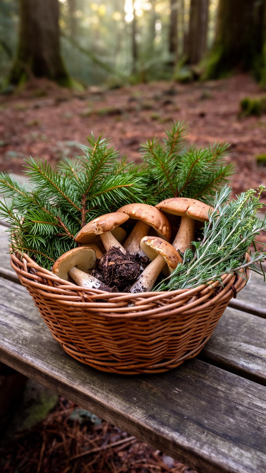 A basket of foraged mushrooms and fir tips